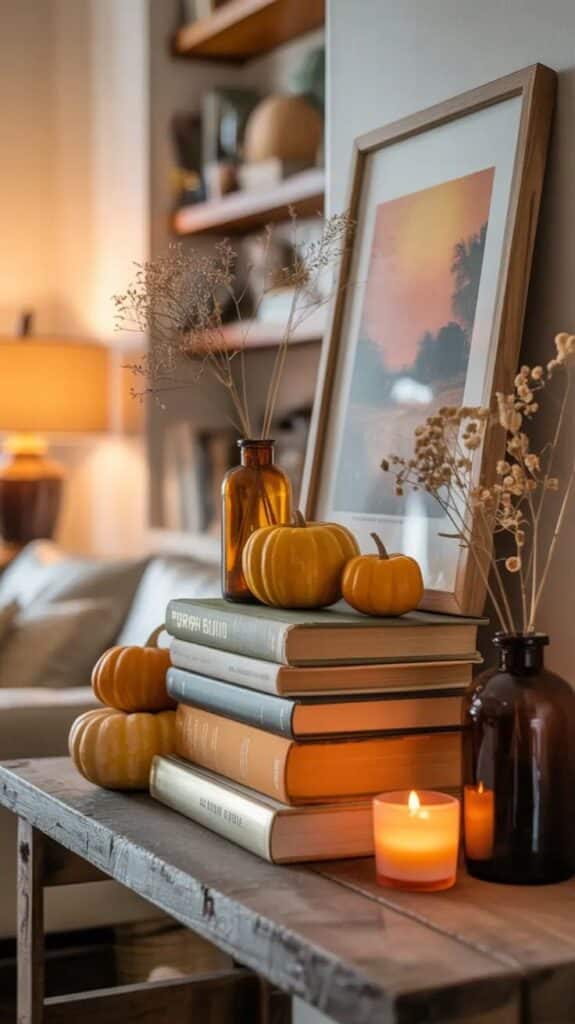 Cozy autumn decor with pumpkins, books, and candles on a wooden table, creating a warm, inviting atmosphere.