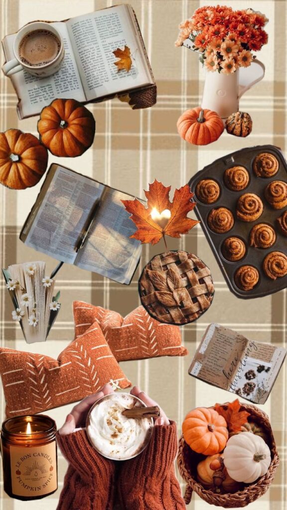 Fall Hygge - Handy Home Cozy autumn collage with pumpkins, books, baked goods, fall leaves, and warm drinks on a plaid background. Perfect seasonal vibes!