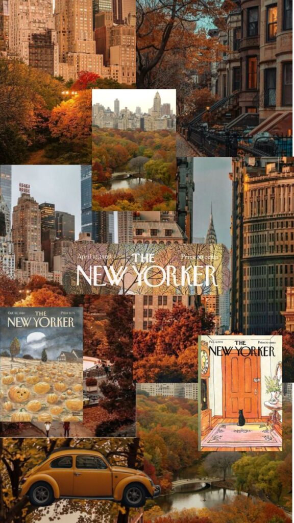 Collage of New York City in autumn with The New Yorker covers, a yellow car, and colorful fall foliage.