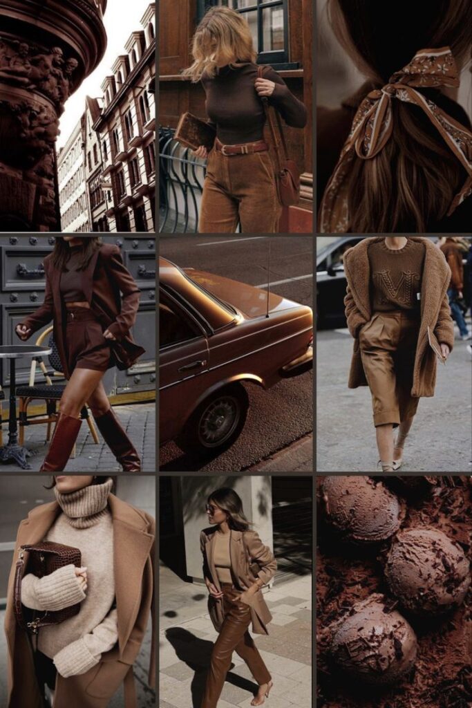 Collage of chic brown-themed fashion outfits, vintage car, elegant hairstyles, and chocolate truffles for a stylish aesthetic.