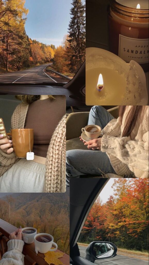 Collage of cozy autumn scenes: road trip, warm tea, candlelight, and vibrant fall foliage, perfect for a relaxing fall day.