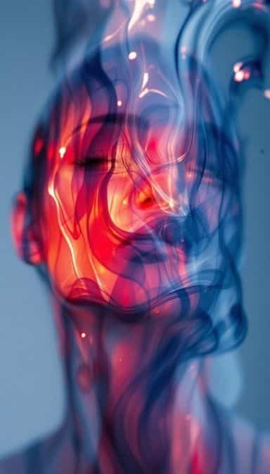 Abstract portrait of a person with vibrant smoke-like colors, blending red and blue hues, creating a dreamy, ethereal effect.