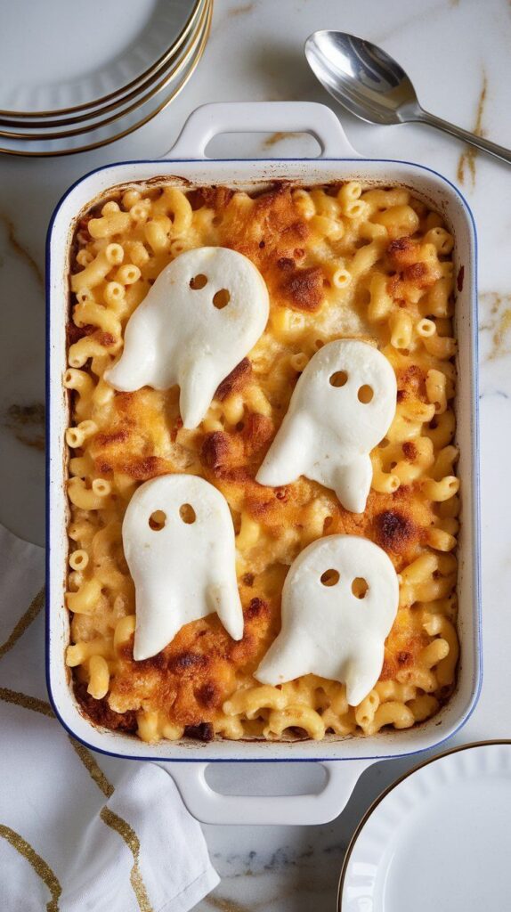 Halloween-themed mac and cheese with ghost-shaped cheese slices in a baking dish, ready to serve on a festive table.