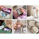 Collage of gadgets: instant camera, e-reader, skincare device, gaming console, wireless earbuds, and wireless headphones.