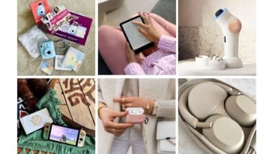 Collage of gadgets: instant camera, e-reader, skincare device, gaming console, wireless earbuds, and wireless headphones.