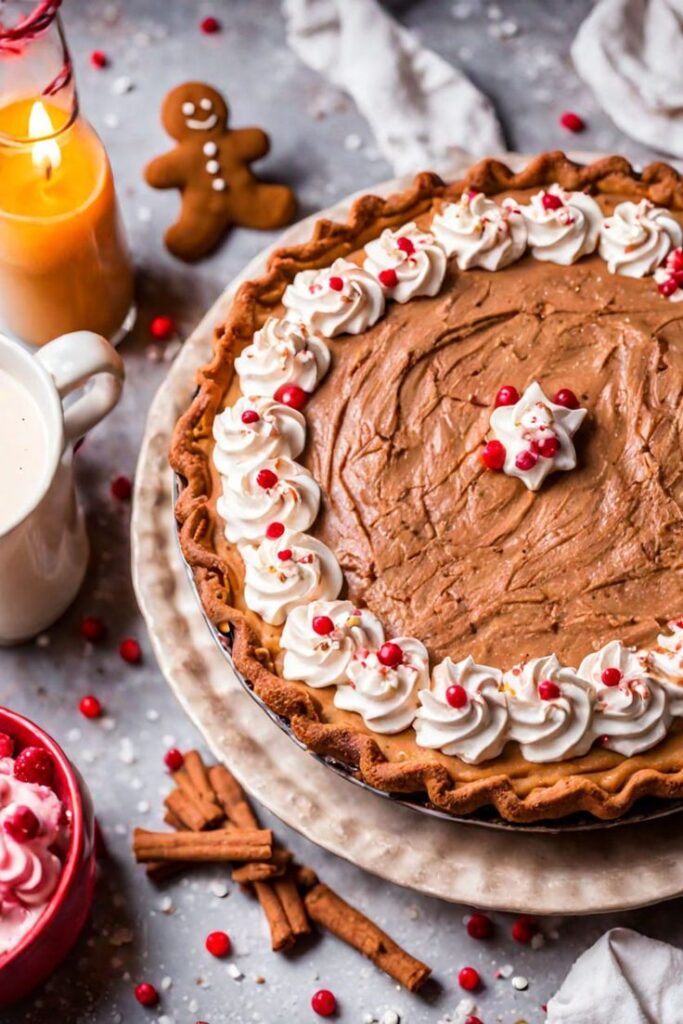 Festive holiday pie with whipped cream toppings, red candies, gingerbread cookie, and cinnamon sticks on a cozy table setting.