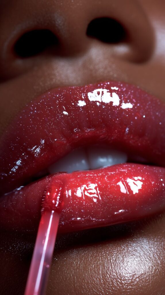Close-up of glossy red lips with lip gloss being applied, enhancing the vibrant shine and smooth texture.