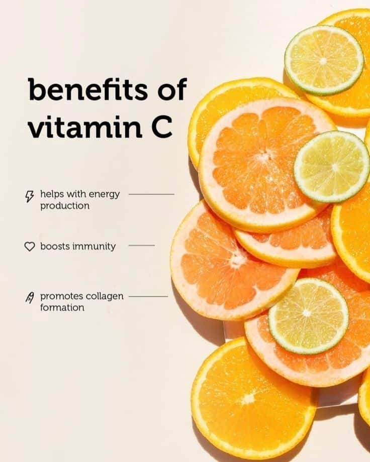 Slices of citrus fruits highlighting vitamin C benefits: energy production, immunity boost, and collagen formation.