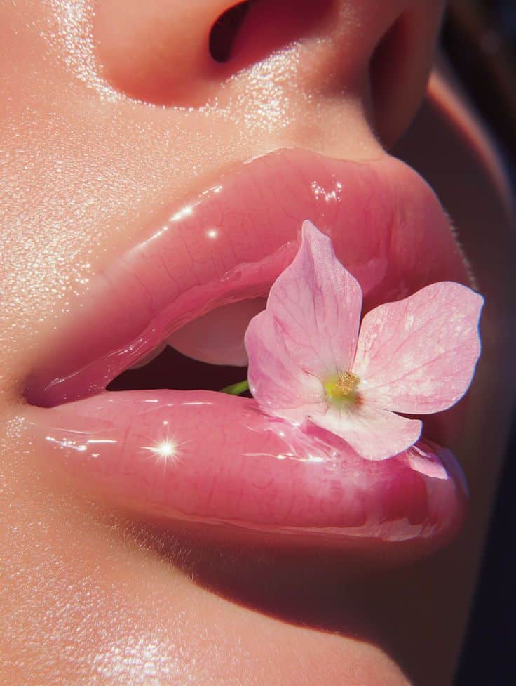 Close-up of glossy pink lips holding a delicate pink flower petal, showcasing beauty and elegance.