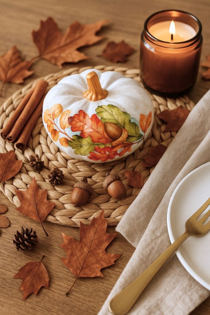 Autumn table decor with painted pumpkin, fallen leaves, acorns, a lit candle, cinnamon sticks, and a gold fork on a woven mat.