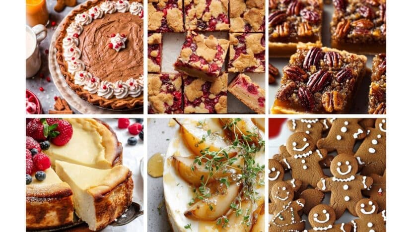 Assorted holiday desserts: chocolate pie, berry bars, pecan squares, cheesecake, caramelized pears, and gingerbread cookies.
