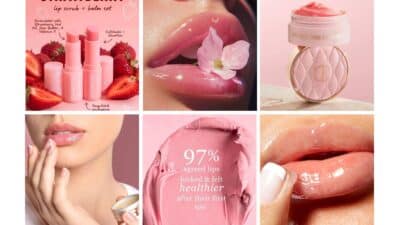Collage of strawberry lip care products, glossy lips, and 97% approval highlighting smoother, healthier lip benefits.