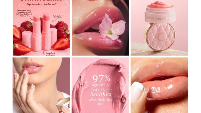 Collage of strawberry lip care products, glossy lips, and 97% approval highlighting smoother, healthier lip benefits.