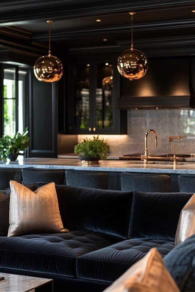 Luxurious kitchen and living area with black velvet sofa, gold pendant lights, and marble countertops. Stylish, modern interior design.