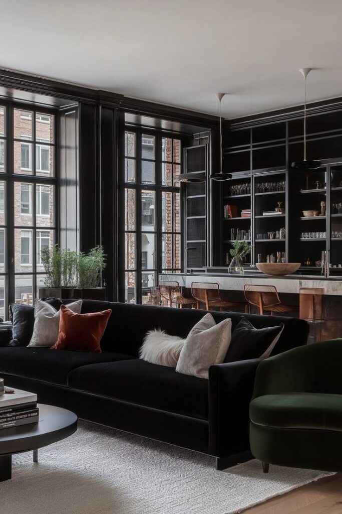Modern living room with black sofa, large windows, and a sleek kitchen in the background. Cozy, stylish interior design.