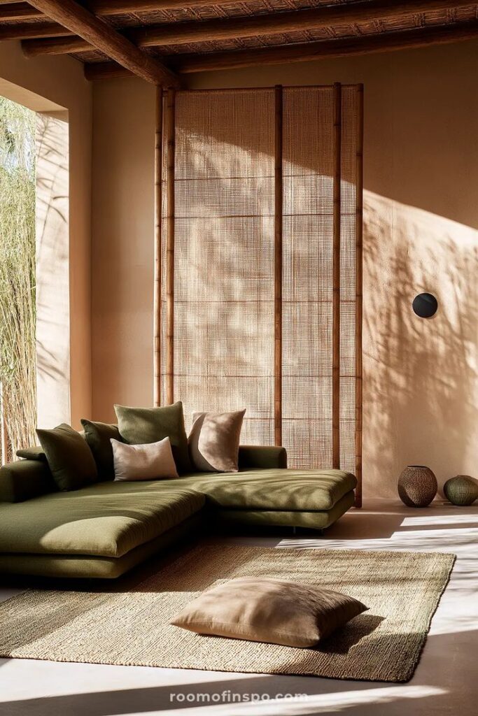 Cozy minimalist living room with green sofa, beige pillows, natural light, and bamboo decor for a tranquil ambiance.