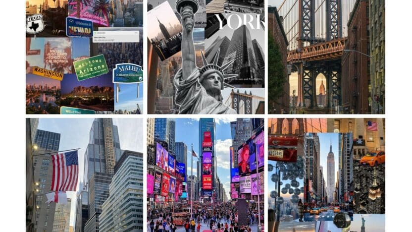 Collage of iconic USA travel destinations including New York City landmarks like Times Square and the Statue of Liberty.