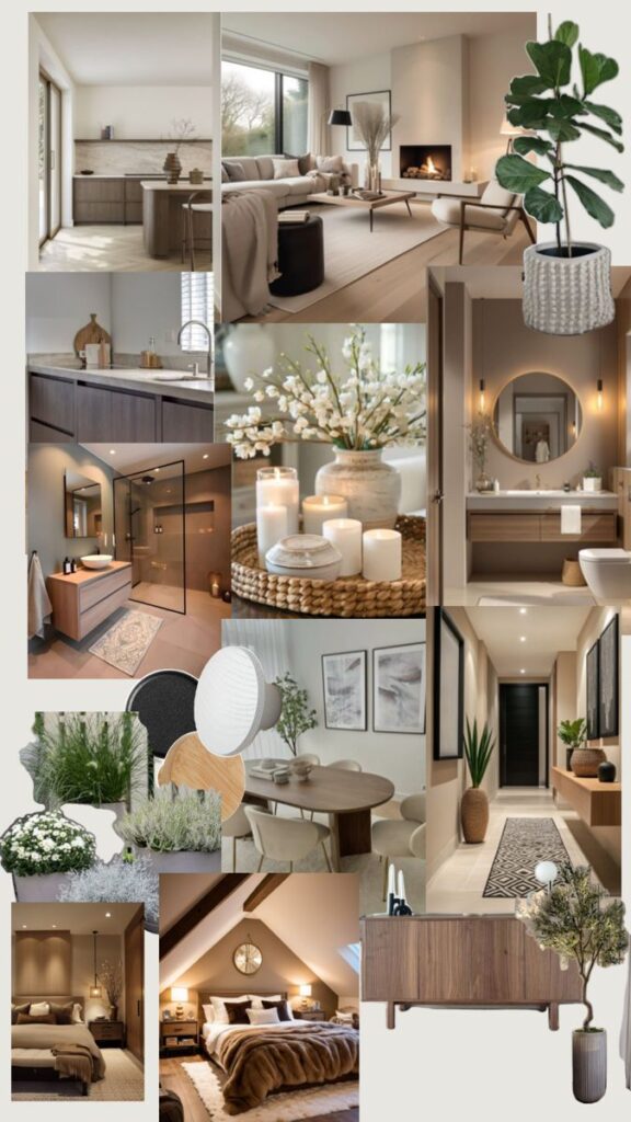 Collage of stylish, cozy interior designs featuring modern living rooms, bedrooms, bathrooms, and decor accents with warm tones.
