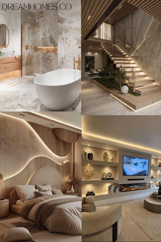 Modern luxury home interiors featuring a marble bathroom, elegant staircase, cozy bedroom, and stylish living room with ambient lighting.