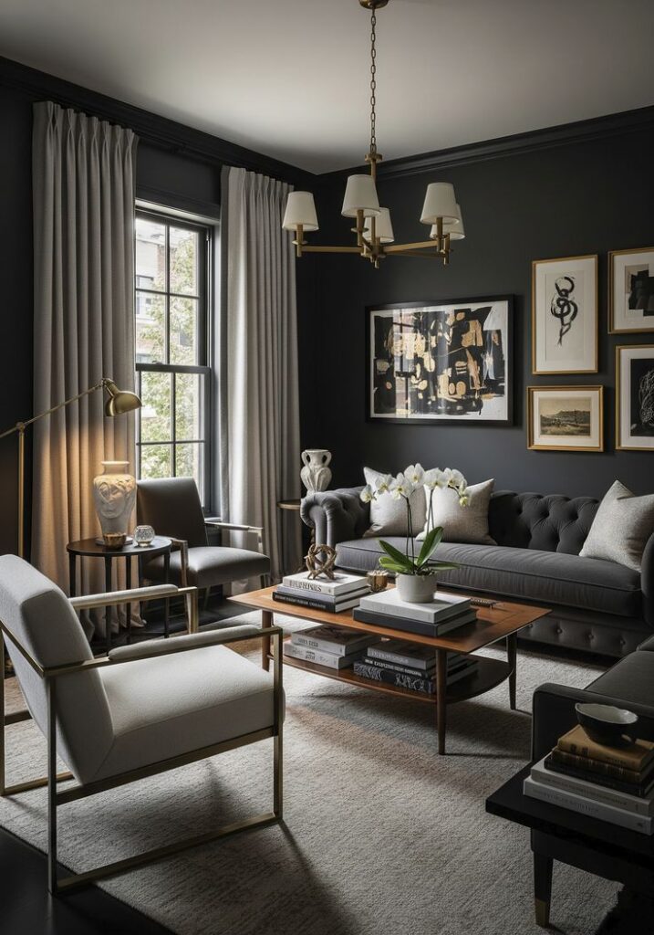 Sophisticated living room with dark walls, elegant decor, tufted sofa, chic armchairs, and modern art. Cozy, stylish, and inviting space.