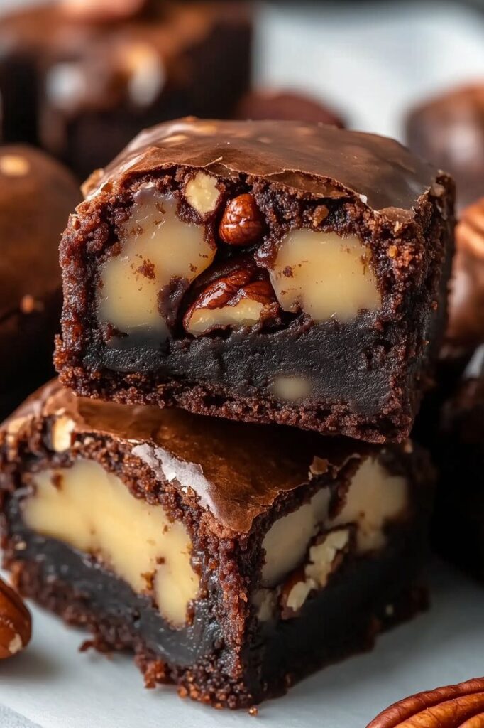 Rich, gooey chocolate brownies with caramel swirls and pecans, perfect for dessert lovers. Enjoy a sweet, indulgent treat!
