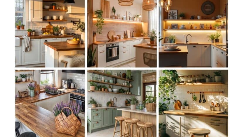Collage of cozy, stylish kitchens with wooden countertops, greenery, and warm lighting. Perfect for home decor inspiration.