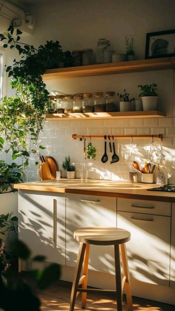Cozy kitchen with natural light, wooden shelves, potted plants, and utensils. Warm, inviting decor with jars and a stool.