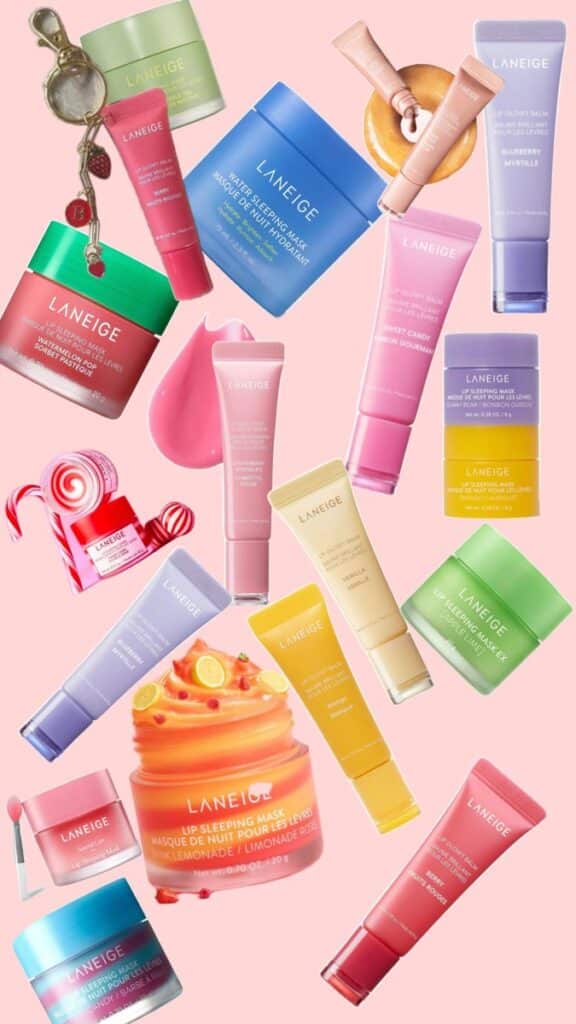 Colorful assortment of Laneige lip care and face masks on pink background, showcasing diverse product varieties and packaging.