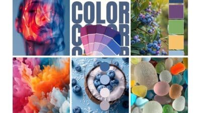 Collage showcasing color psychology: vibrant hues, abstract art, blueberries, and sea glass evoke creativity and nature's palette.