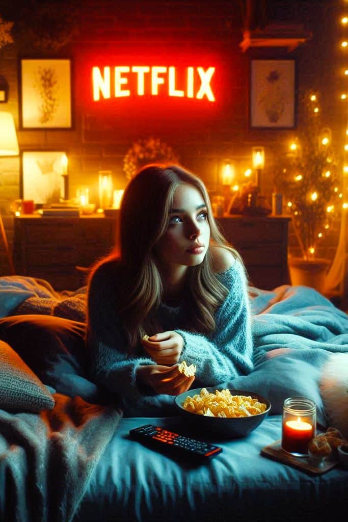 Cozy night in: Woman enjoying snacks in bed with Netflix, candlelight, and remote control. Perfect for binge-watching.