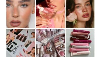 Collage of natural makeup looks and skincare products, featuring pink lip gloss and beauty essentials in soft tones.