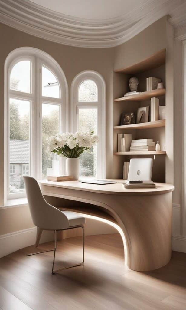 Minimalist home office with curved wooden desk, modern chair, large windows, and decorative shelves, creating a serene and stylish workspace.