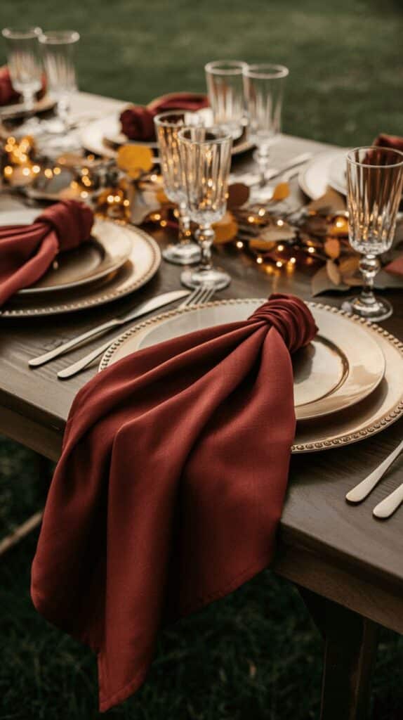 Elegant outdoor table setting with red napkins, gold plates, crystal glasses, and warm lighting for a festive gathering.