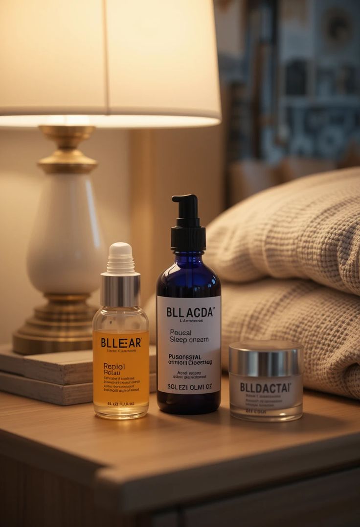 Skincare products on a wooden nightstand with a cozy lamp and soft knit blanket, creating a calming nighttime ambiance.