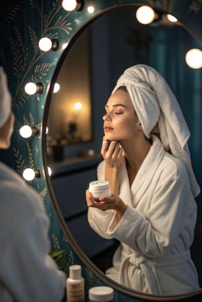 Woman in a bathrobe applies face cream in front of a mirror with lights, enjoying a relaxing skincare routine.