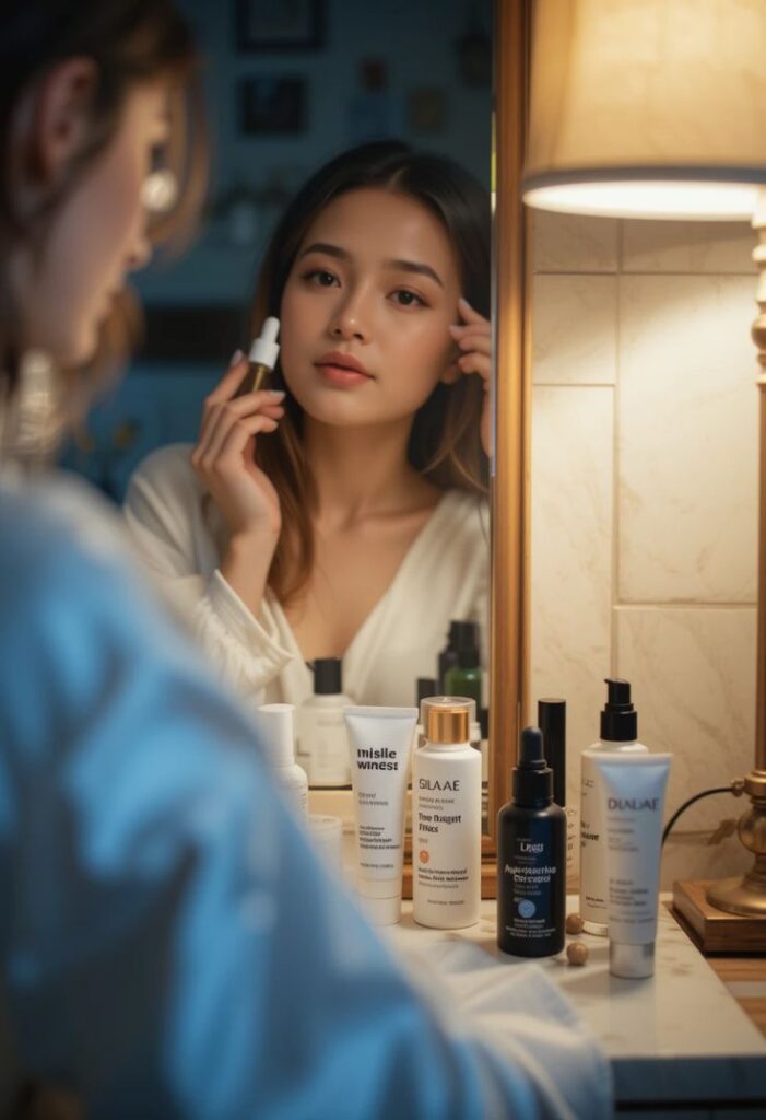 Woman applying skincare serum in front of mirror, surrounded by beauty products. Illuminated by warm light. Ideal for skincare routines.