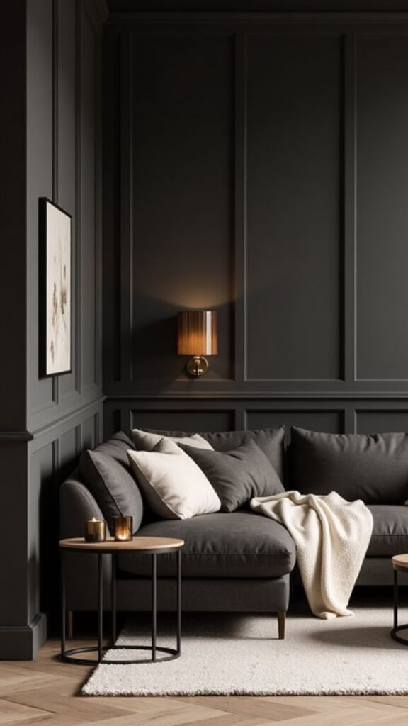 Modern living room with dark gray sofa, pillows, wall sconce, and wooden side table in a cozy setting.