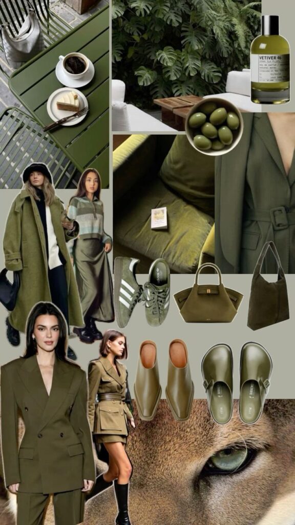 Collage featuring olive green fashion items, tableware, fragrance, and natural elements. Earthy tones and chic style in one image.