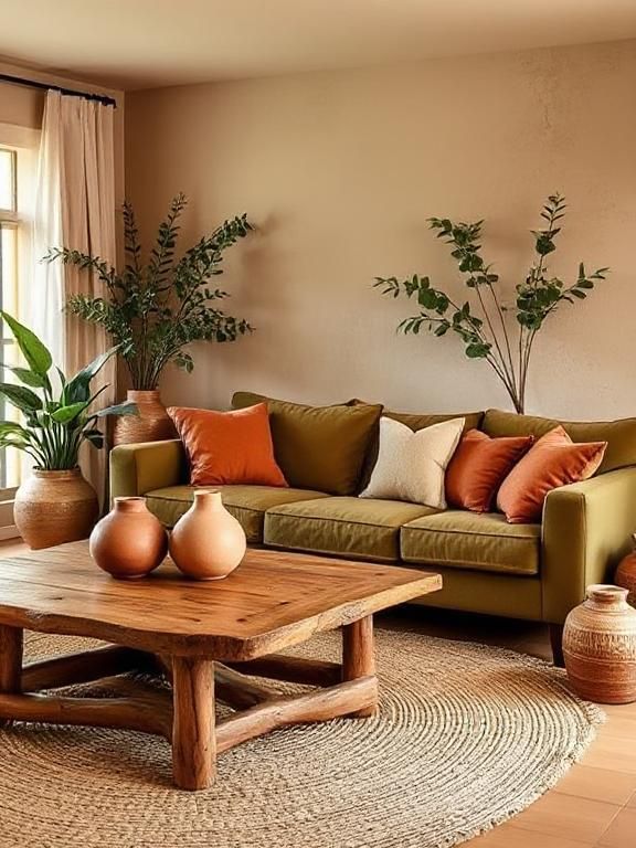 Cozy living room with green sofa, orange pillows, plants, and rustic wooden table on a jute rug. Warm, natural decor vibe.