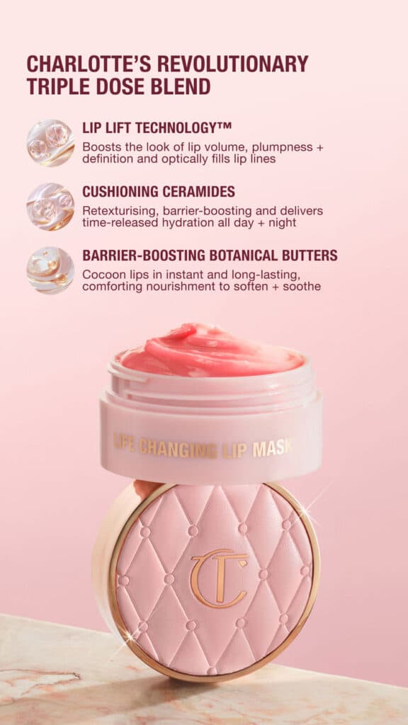 Charlotte's Lip Mask with Lip Lift Technology™ boosts volume, cushions with ceramides, and softens with botanical butters.
