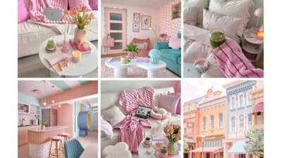 Cozy pastel-themed interiors with vibrant pink and mint decor, colorful town architecture, and relaxing lifestyle touches.