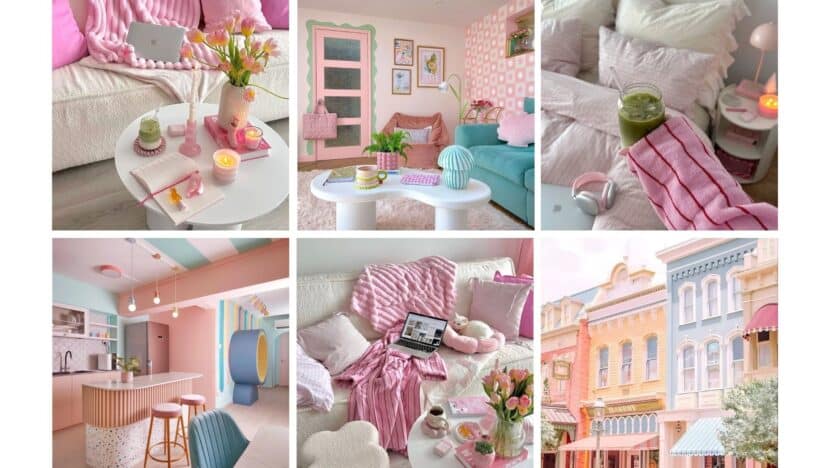 Cozy pastel-themed interiors with vibrant pink and mint decor, colorful town architecture, and relaxing lifestyle touches.