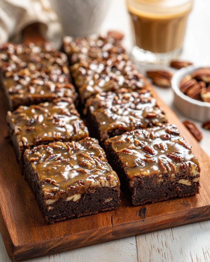 Rich chocolate brownies topped with glossy pecans, displayed on a wooden board, perfect for a sweet treat.