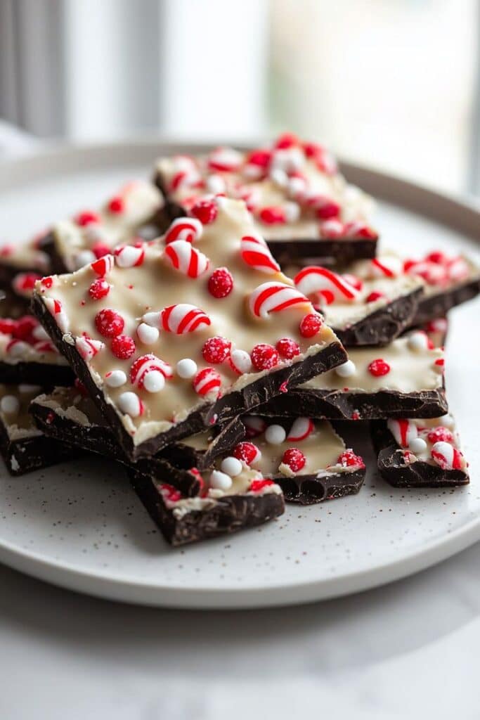 Festive peppermint bark pieces topped with red and white candy, served on a plate. Perfect holiday treat.