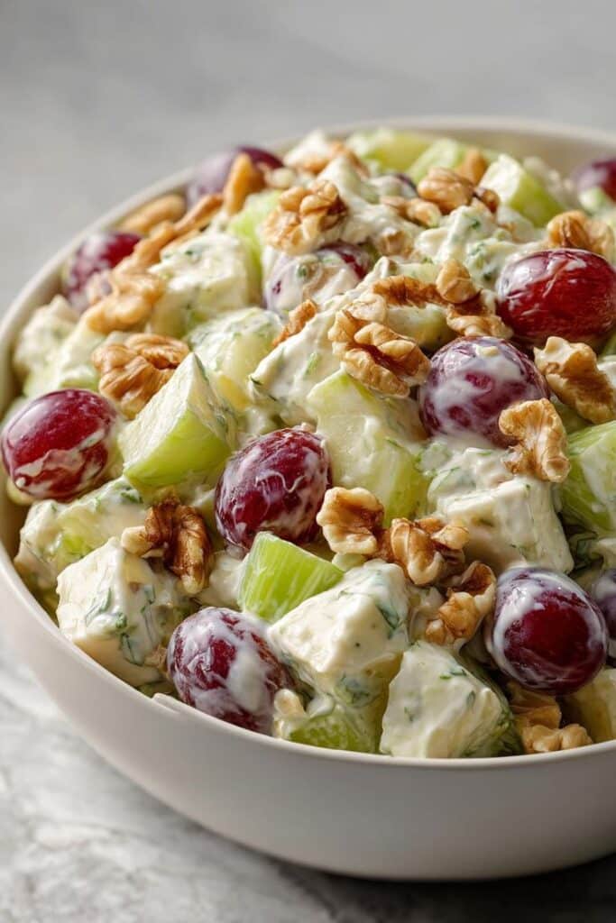 Fresh Waldorf salad with apples, grapes, walnuts, and creamy dressing in a bowl; perfect for a healthy, crunchy meal.