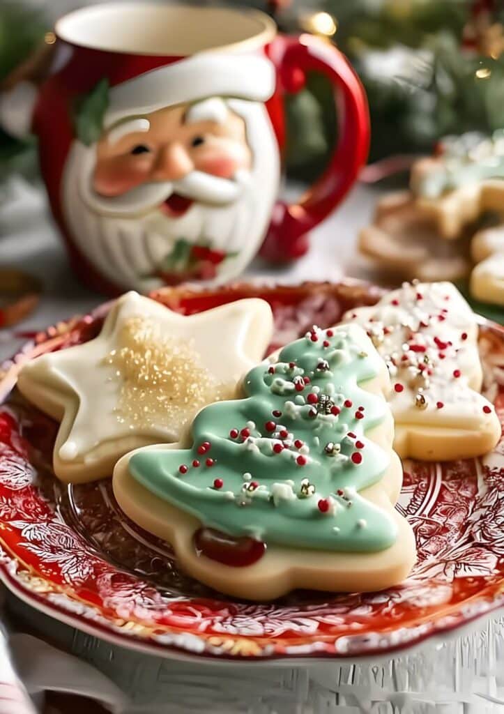 Festive Christmas cookies shaped like stars and trees on a plate, with a Santa mug in the background.