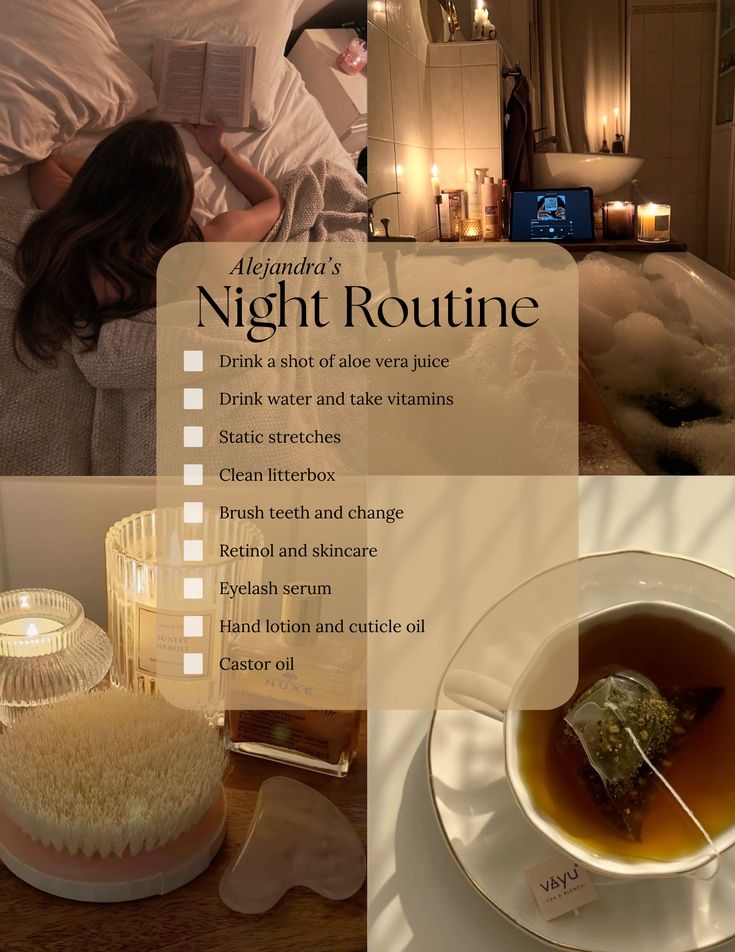 Cozy nighttime routine with skincare, aloe juice, candles, and a bath. Relaxing self-care checklist for a perfect evening unwind.