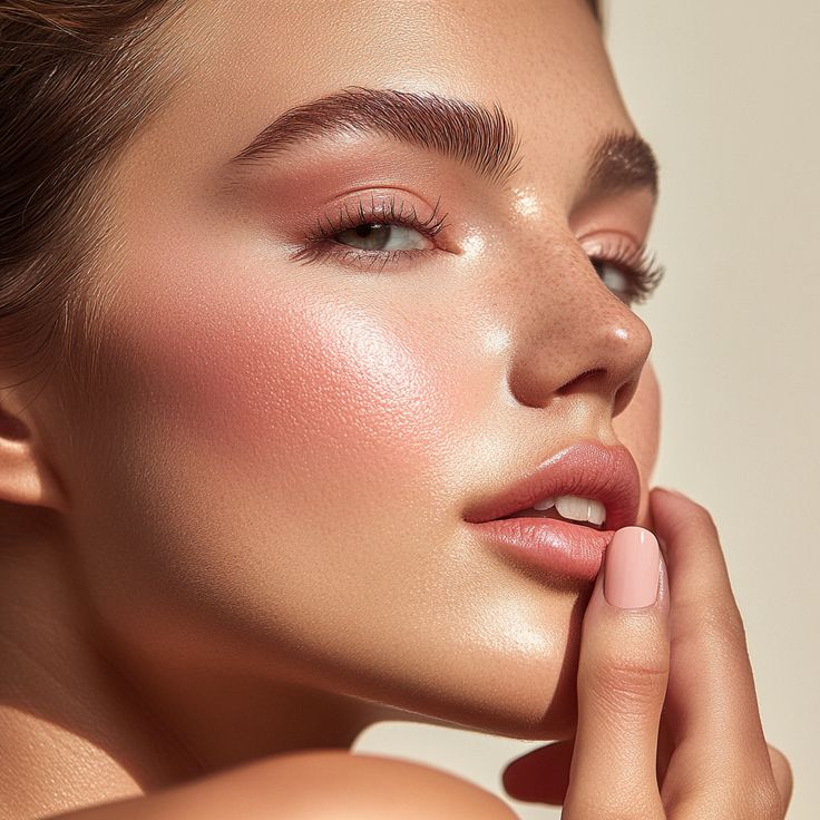 Close-up of a woman with flawless glowing skin, natural makeup, and glossy lips, gently touching her face with manicured nails.