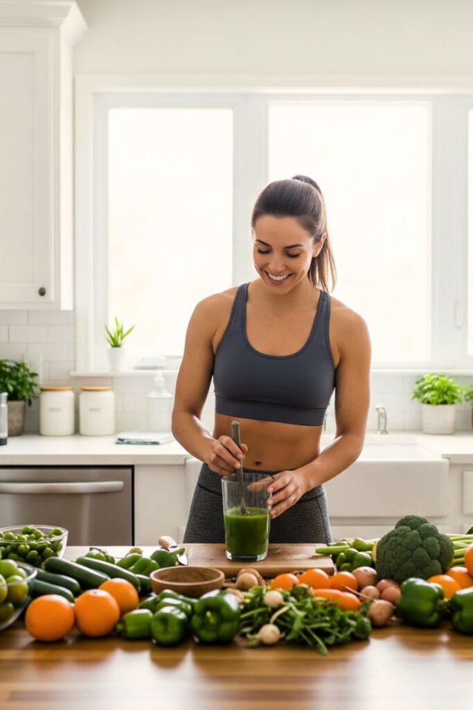 Woman making green smoothie in bright kitchen with fresh vegetables and fruits on countertop, promoting healthy lifestyle.