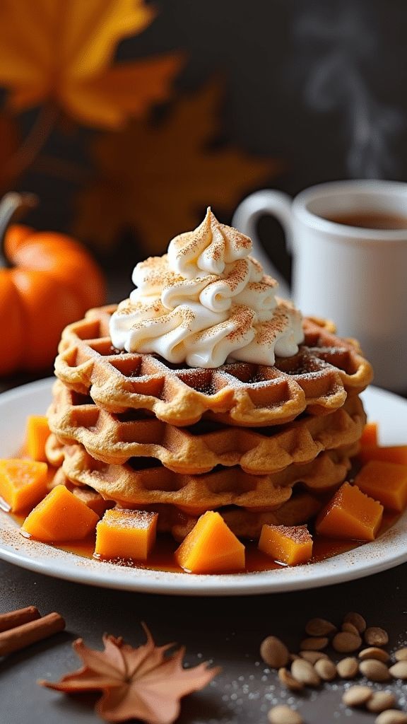Stack of pumpkin waffles topped with whipped cream and cinnamon, surrounded by pumpkin cubes. Cozy fall breakfast with coffee.